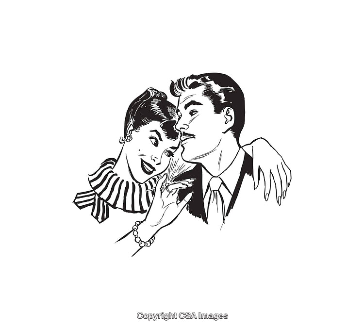 Black and White Retro Illustration of a Romantic Couple Smiling Together