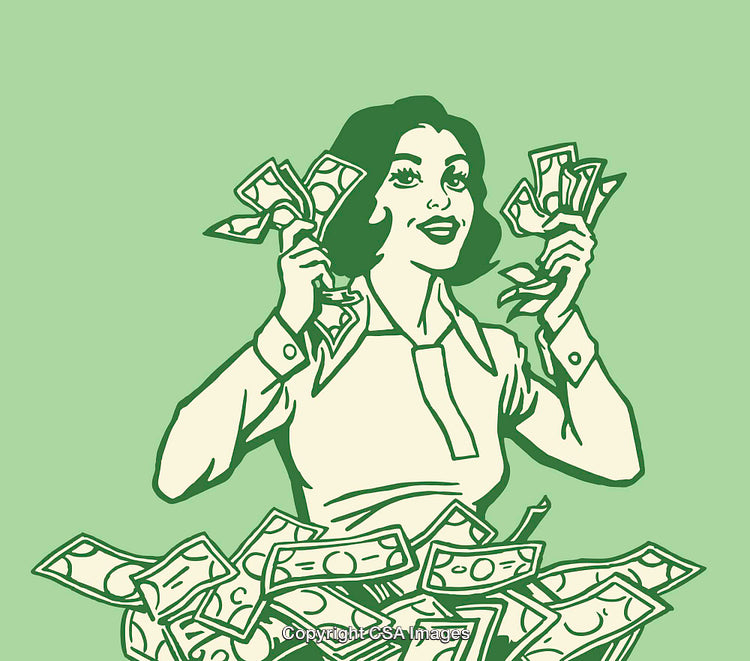 Retro Styled Illustration of Woman with Money Expressing Joy and Wealth