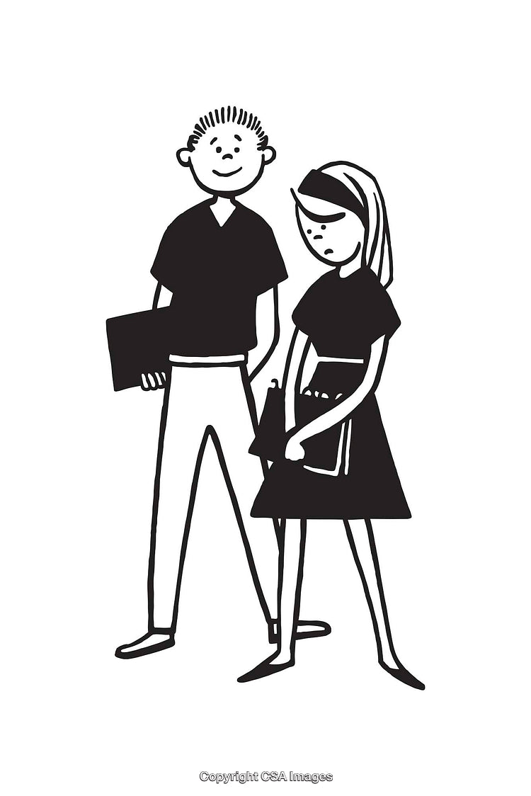 Black and White Line Art of Two Characters Standing Together