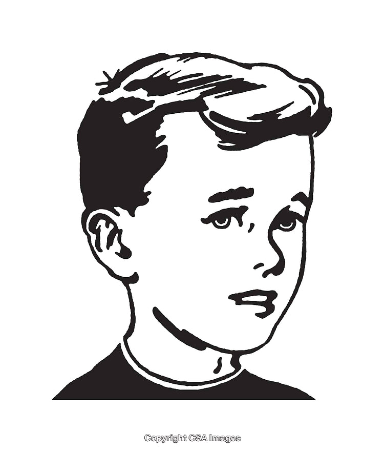 Vintage Style Black and White Line Art Illustration of a Young Boy