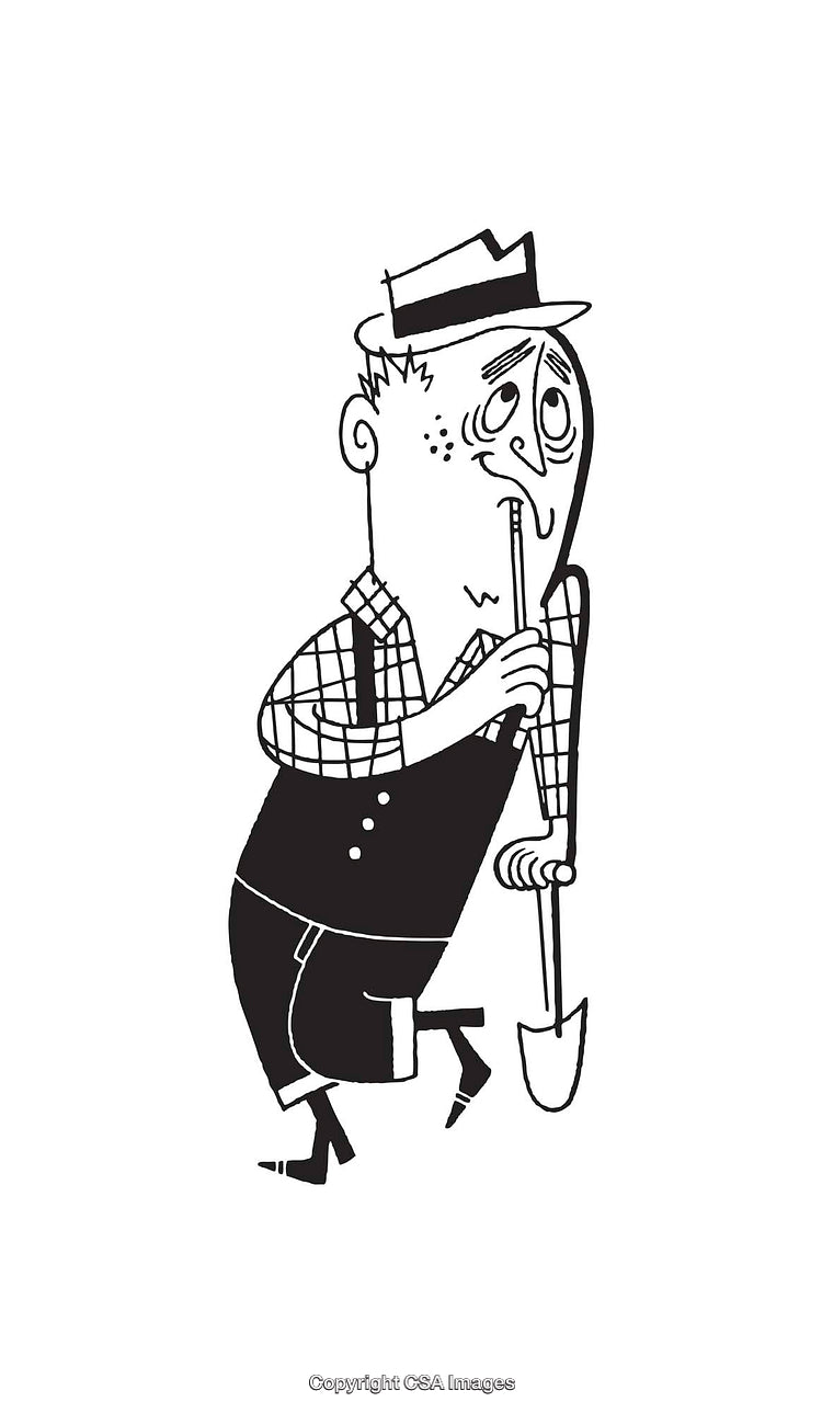Retro Black And White Illustration of Man With Shovel and Thoughtful Expression