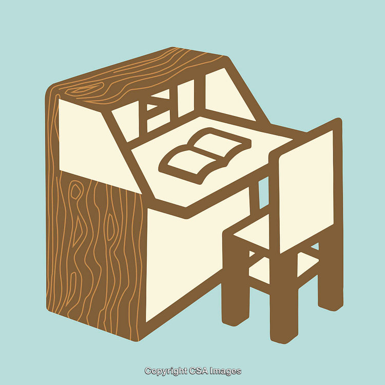 Minimalist Illustrated Desk and Chair with Open Book on It