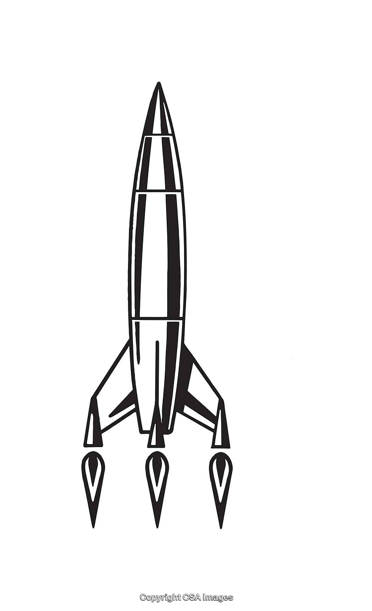 Black And White Line Art Illustration of a Vintage Rocket Ship Design