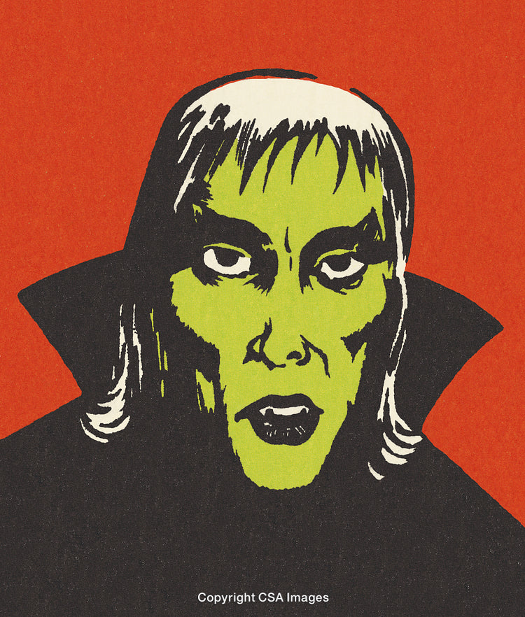 Vintage Style Illustration of a Green-Skinned Dracula Against Red Background