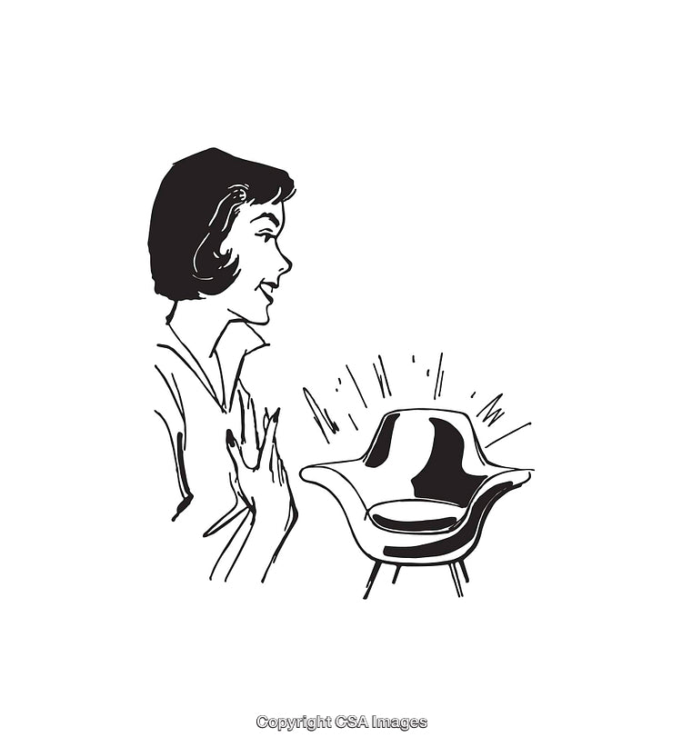 Retro Illustration of a Woman Admiring a Stylish Chair