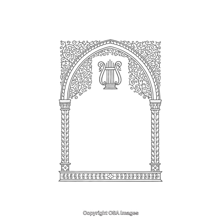Elegant Line Art Archway With Intricate Decorations and a Central Lyre Motif
