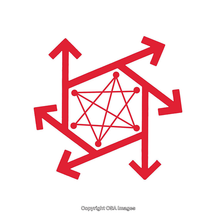Abstract Red Symbol with Arrows and Geometric Network Shape