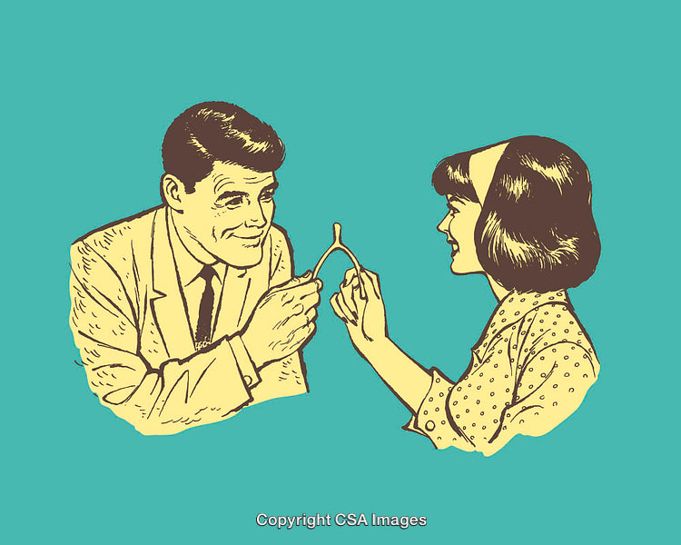 Retro Line Art of People Sharing a Wishbone for Good Luck