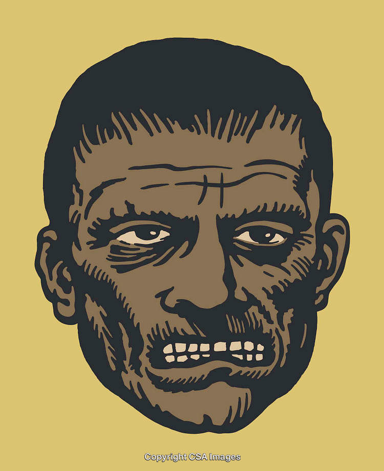 Vintage Illustration of a Zombie Face in Bold Line Art Style