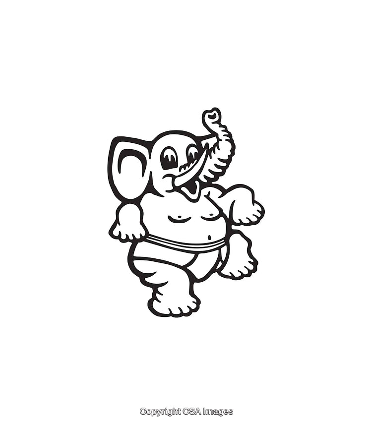 Black and White Illustration of a Cheerful Cartoon Elephant Character