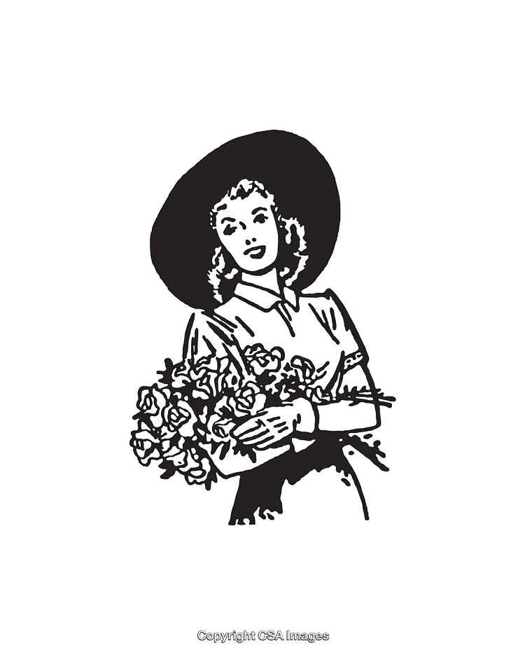 Retro Style Line Art of Woman Holding Flowers in Black and White