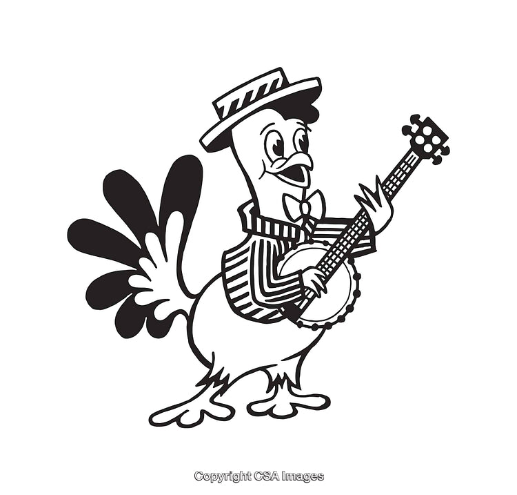 Rooster Musician Playing Banjo in Classic Line Art Illustration Style