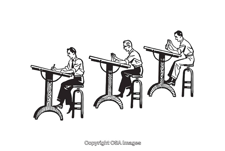 Black and White Line Art of People Working at Drafting Desks