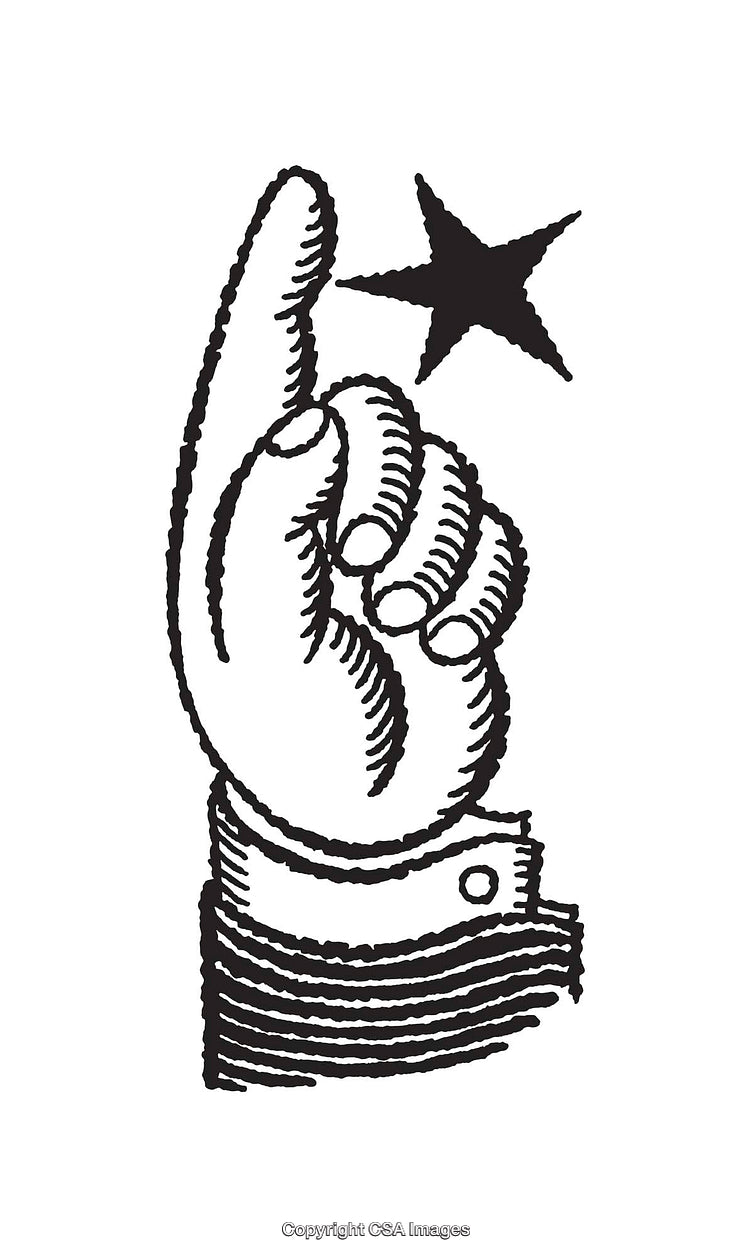 Black and White Engraved Hand Pointing at Star Illustration