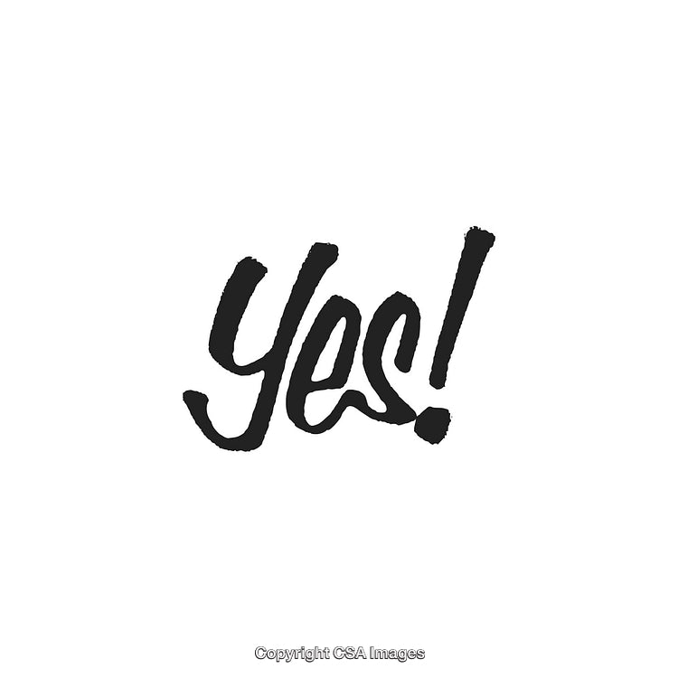Handwritten Decorative 'Yes!' Text with Positive Expression on White Background