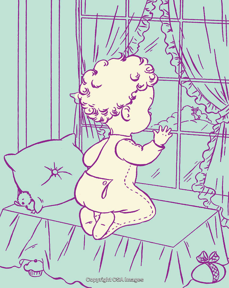 Adorable Child Looking Out Window in Whimsical Color Line Art Illustration