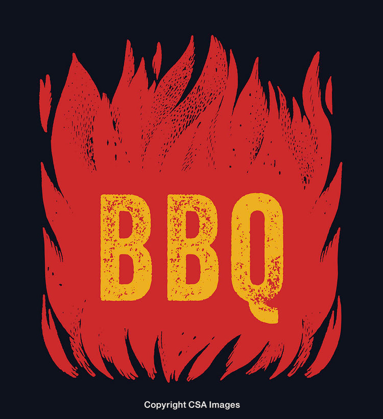 Illustrated BBQ Text with Red Flame Design on Dark Background