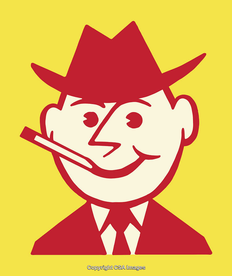 Retro Illustration of Smiling Man Wearing Hat and Tie on Yellow Background