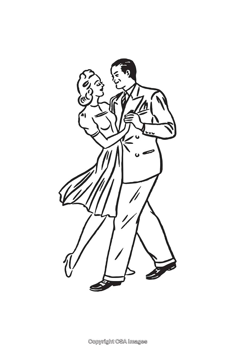 Elegant Couple Dancing in Retro Black and White Line Art Illustration