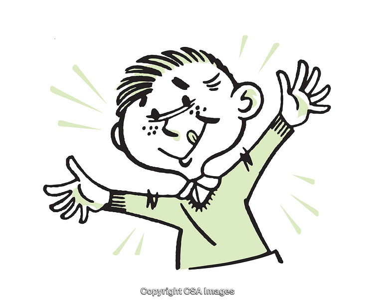 Smiling Character Illustration with Open Arms and Expressive Gesture