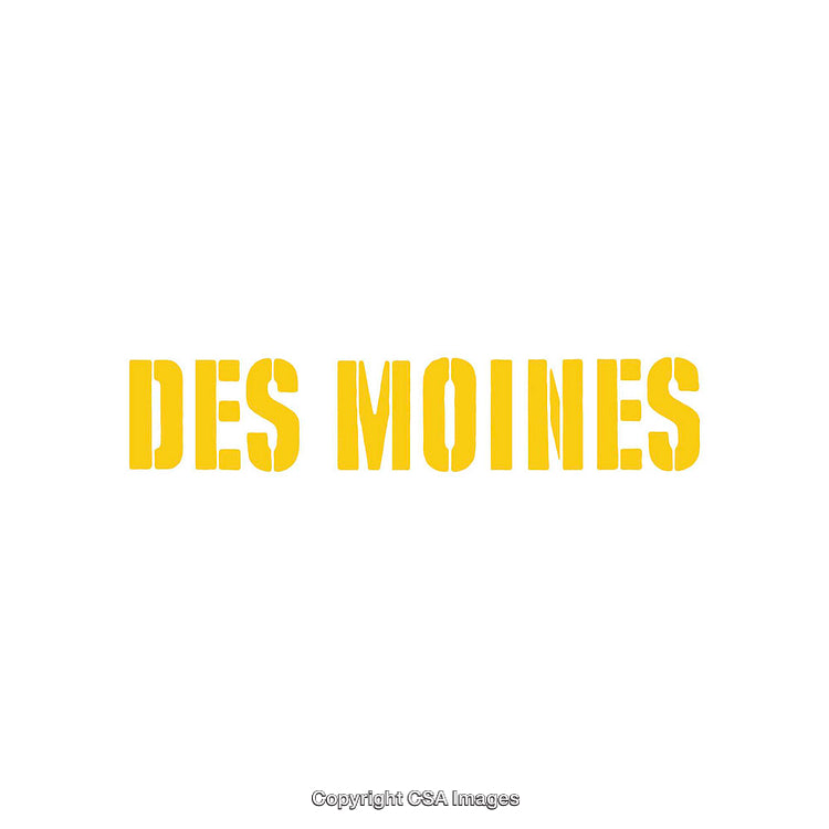 Bold Yellow Stenciled Text Displaying 'Des Moines' on a White Background