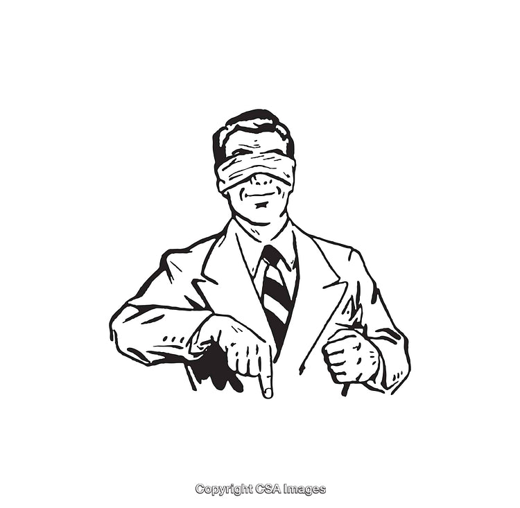 Black and White Illustration of a Blindfolded Man in Formal Attire