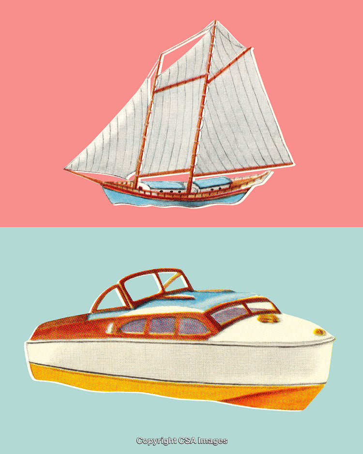 Vintage Sailing and Motor Boats on Colorful Background