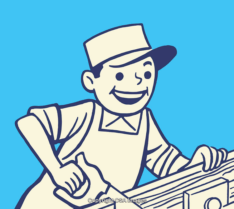 Smiling Worker Using a Handsaw in Vintage Line Art Illustration