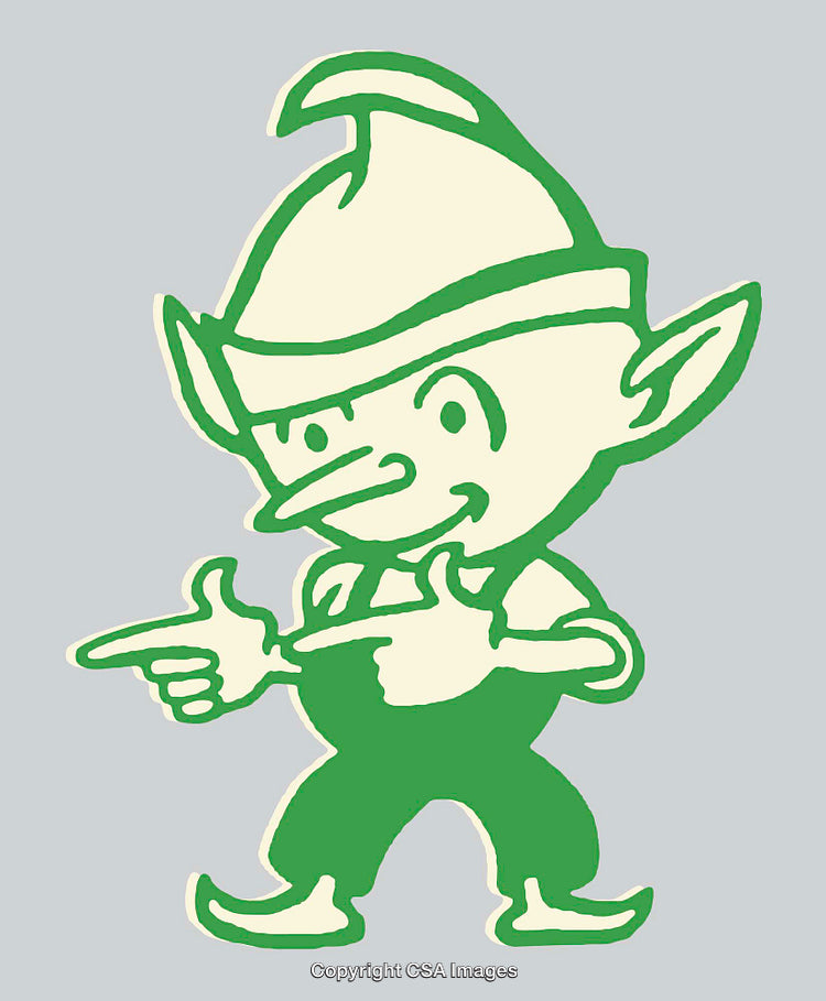 Whimsical Elf Character in Green and Cream Color Line Art Illustration