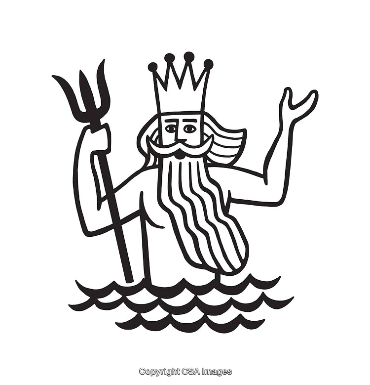Black and White Line Art Depicting a Mythological Sea King with Crown