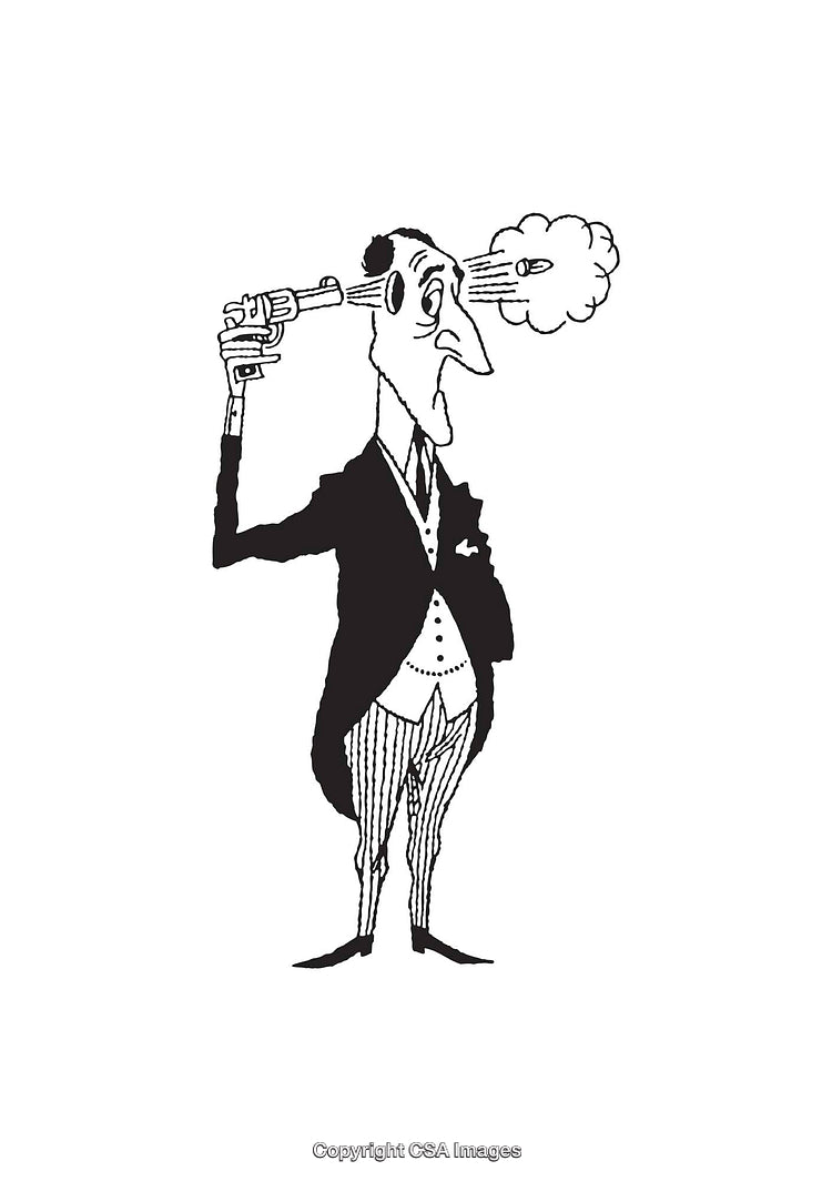Surreal Black and White Line Art of a Man and Bullet Illusion