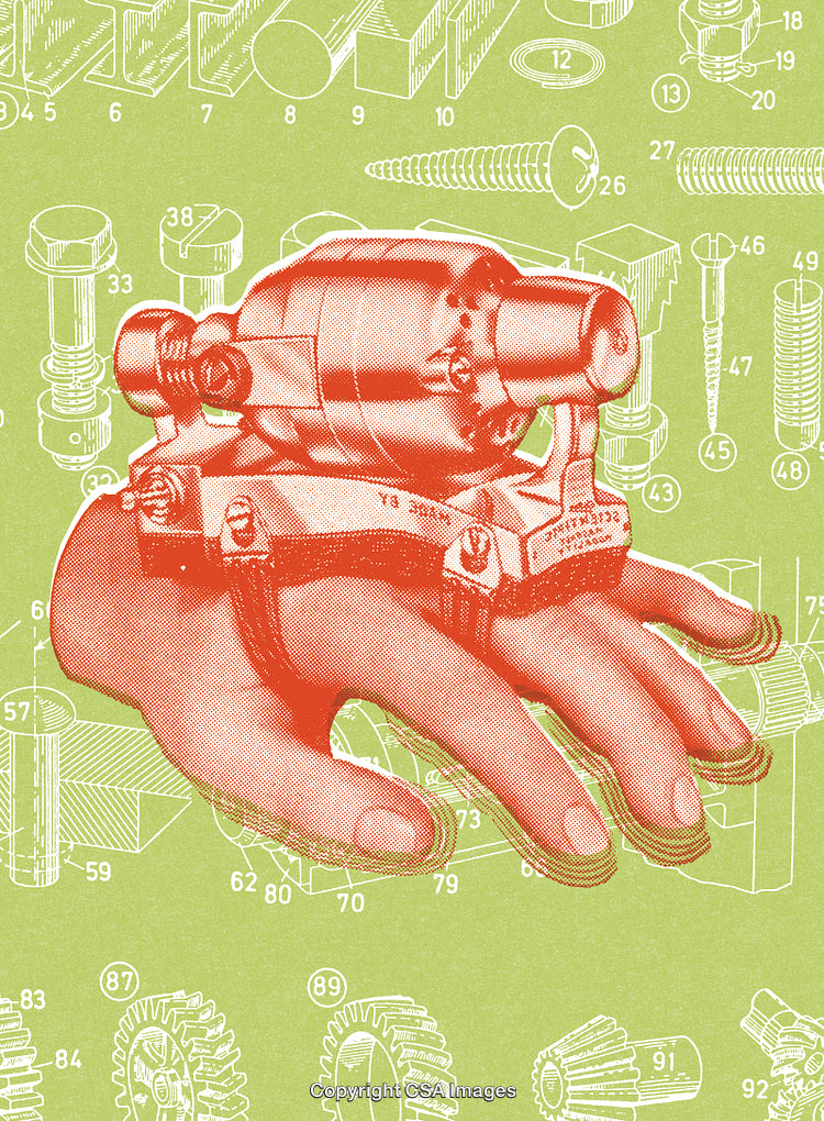 Red Illustrated Hand Integrated with Mechanical Components on Lime Background