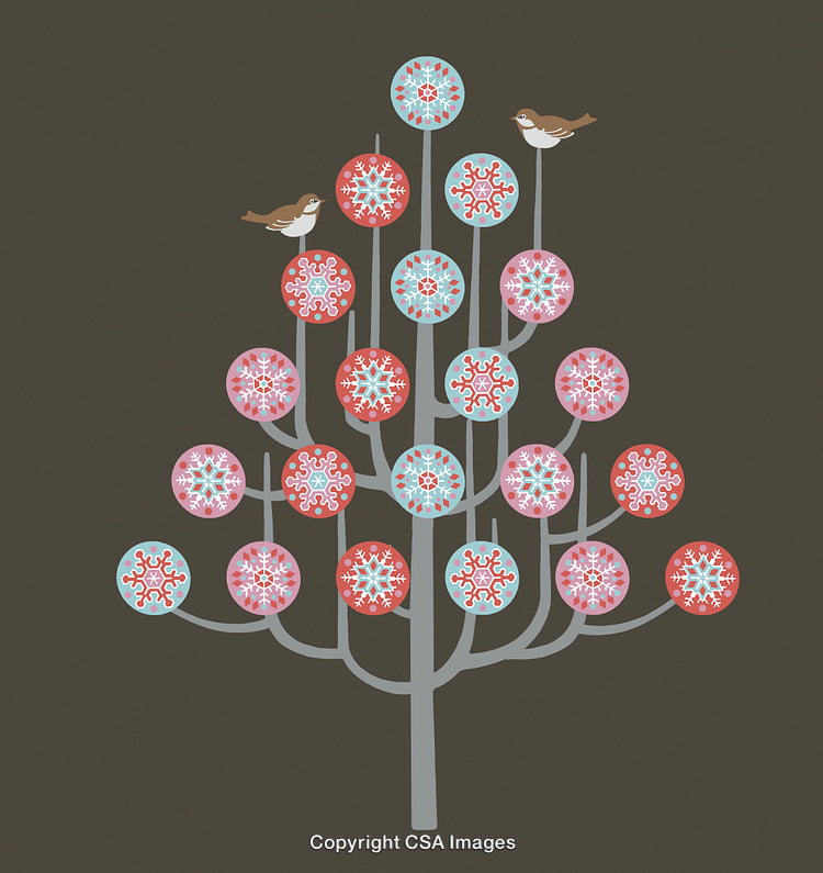 Decorative Holiday Tree with Ornaments and Birds on a Festive Background