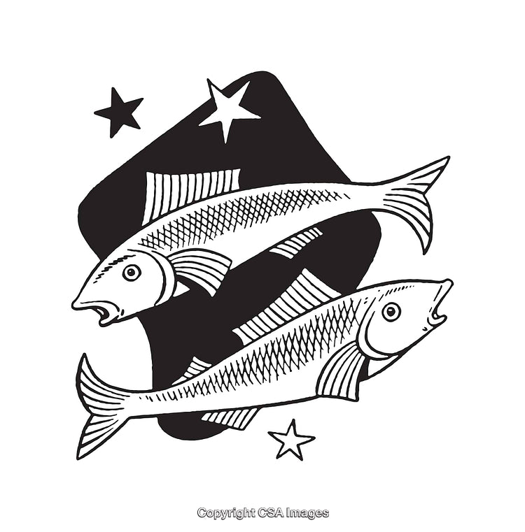 Black and White Illustration of Two Fish Surrounded by Stars in Motion