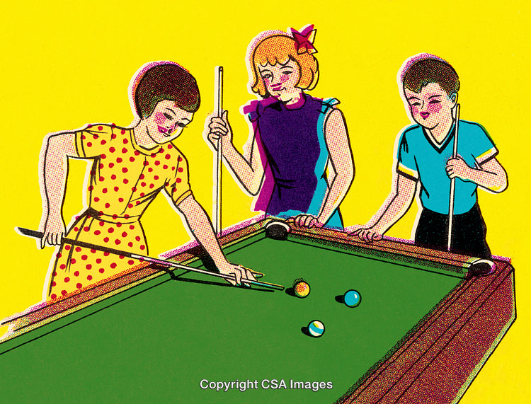 Colorful Illustration of Friends Playing Pool in a Comic Art Style