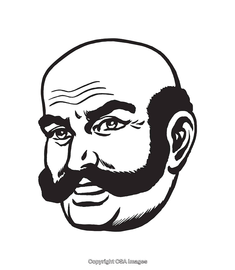Black and White Line Art of a Bald Man with Bold Mustache