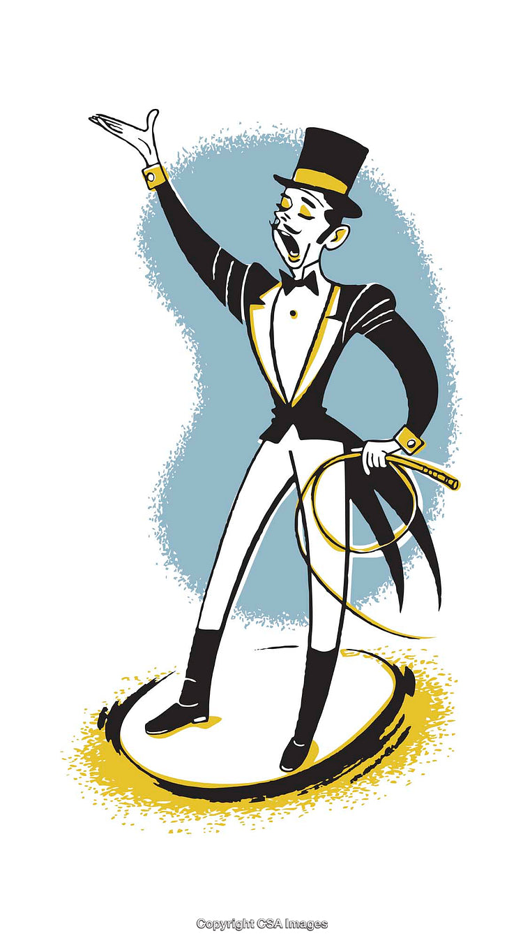 Elegant Circus Ringmaster in Vintage Illustration Style with Top Hat and Whip