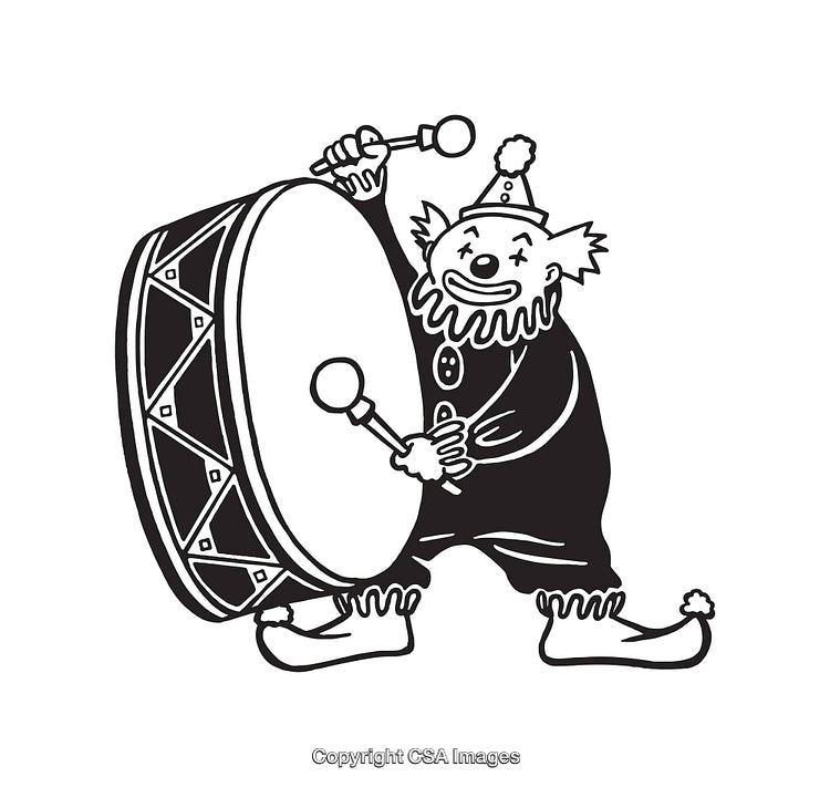 Black and White Illustration of Clown Playing Drum with Joyful Expression