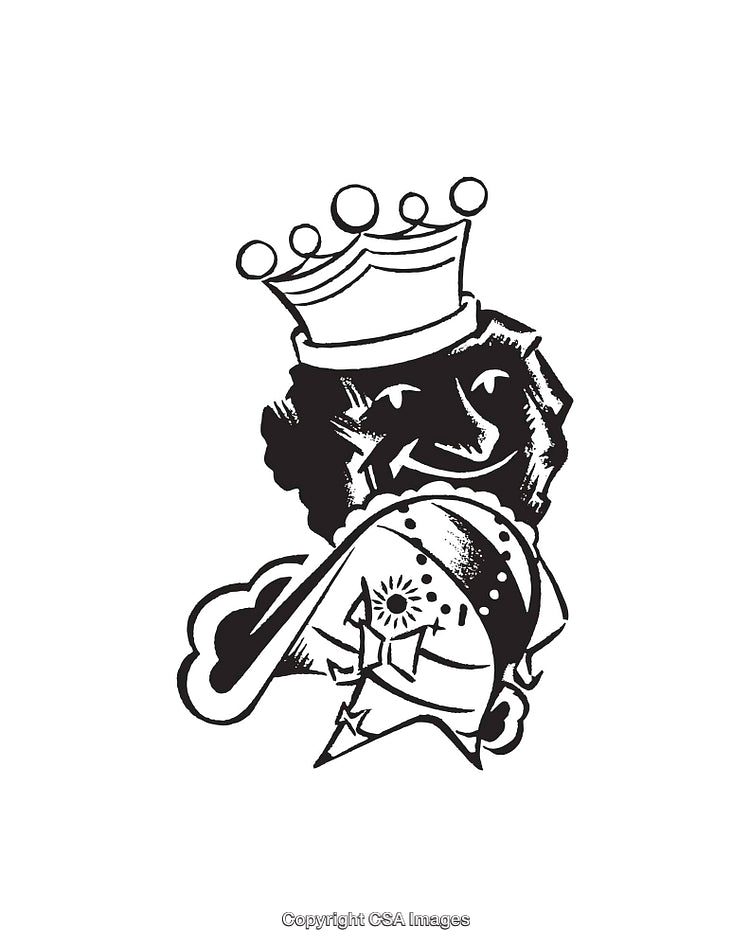 Crowned Figure with Unique Patterned Attire in Black and White Style