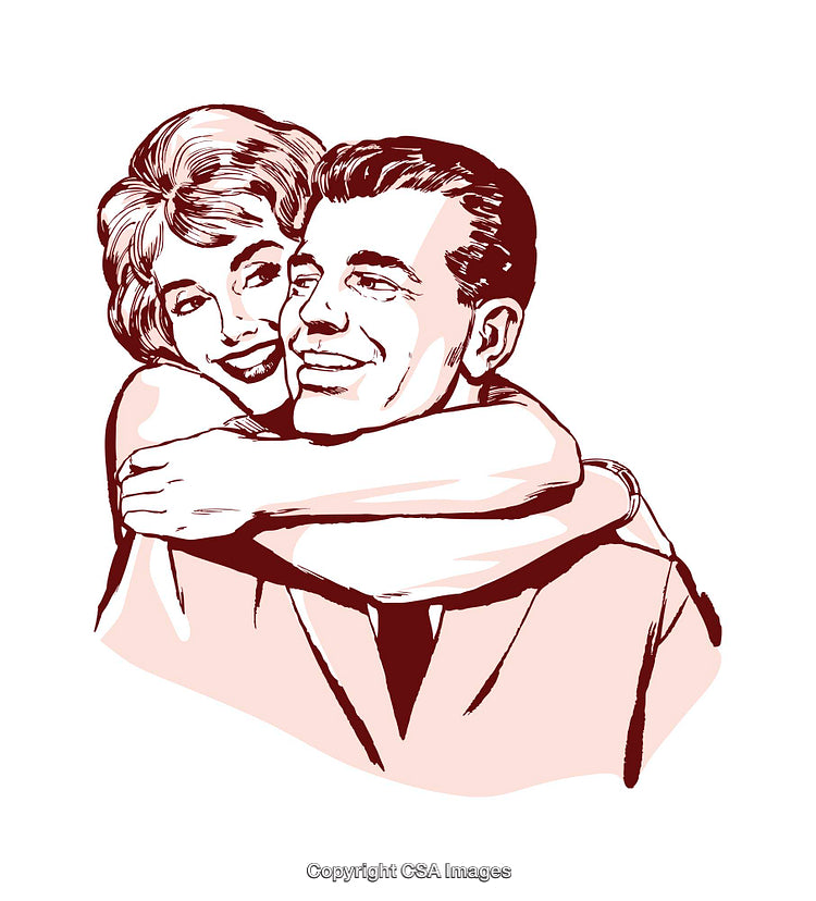 Retro Illustration of a Smiling Couple Embracing Each Other Cheerfully