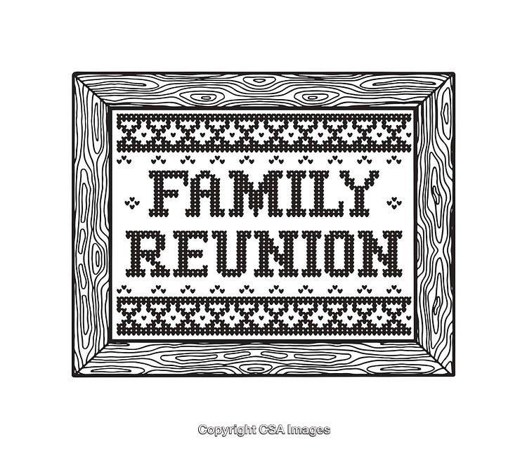 Black and White Family Reunion Cross-Stitch Framed Line Art Illustration