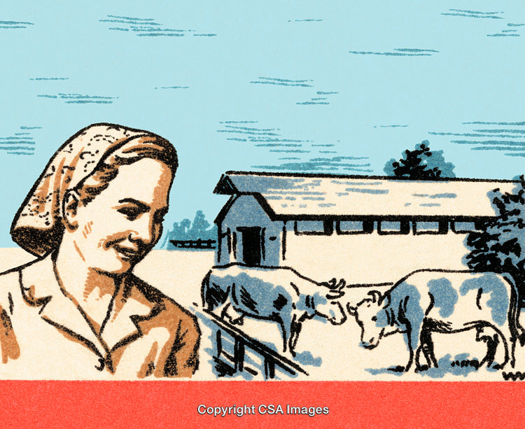Smiling Woman on a Farm with Cows and a Barn Illustration