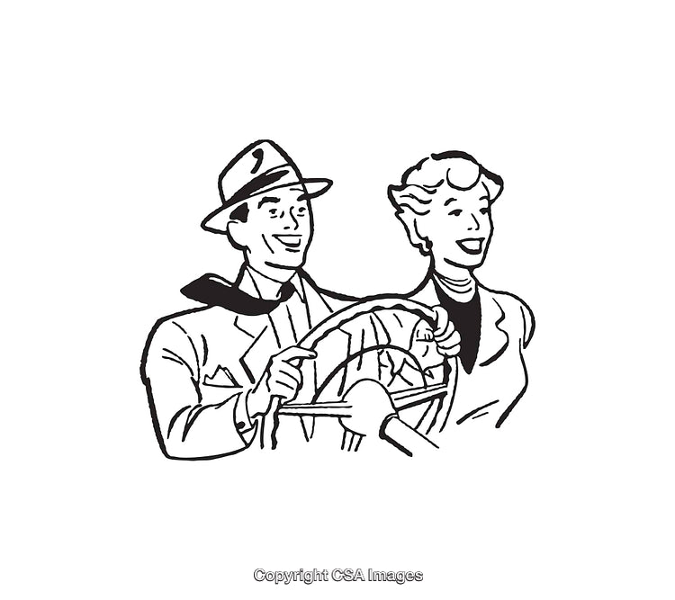 Black and White Line Art of a Happy Couple Driving