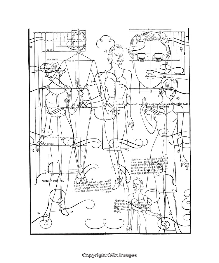 Detailed Black and White Digital Diagrams Featuring Female Figures and Measurements