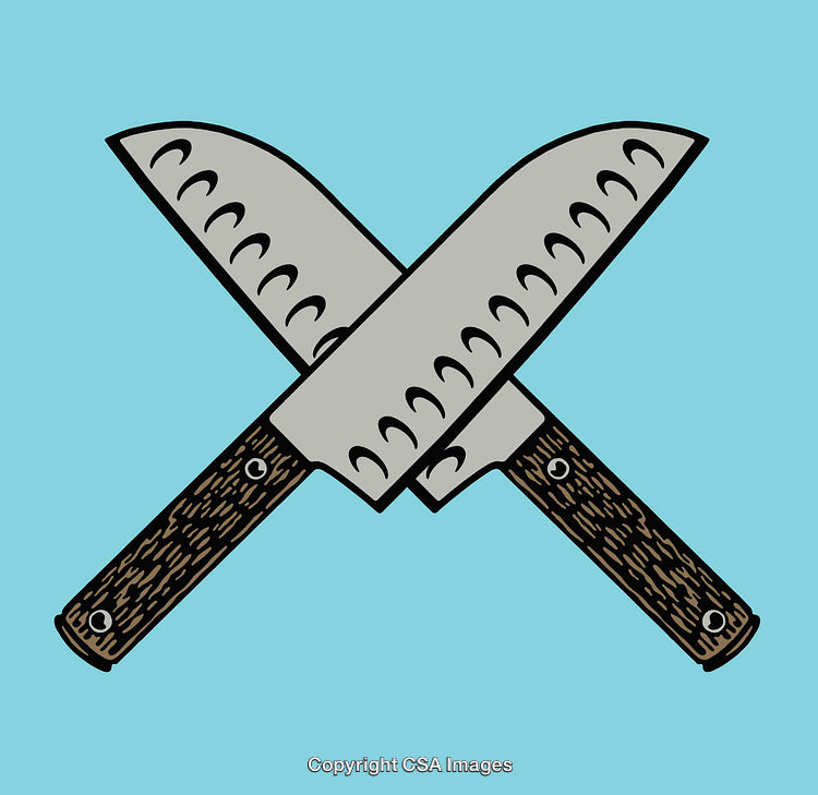 Crossed Santoku Knives with Wooden Handles Against Blue Background