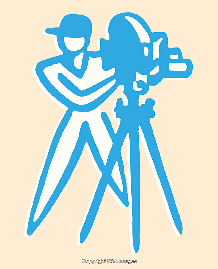 Blue Line Art Illustration of a Camera Operator Behind a Filming Camera