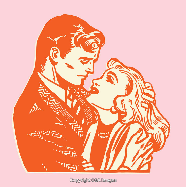 Romantic Retro Illustration of Couple Embracing in Vintage Style Art
