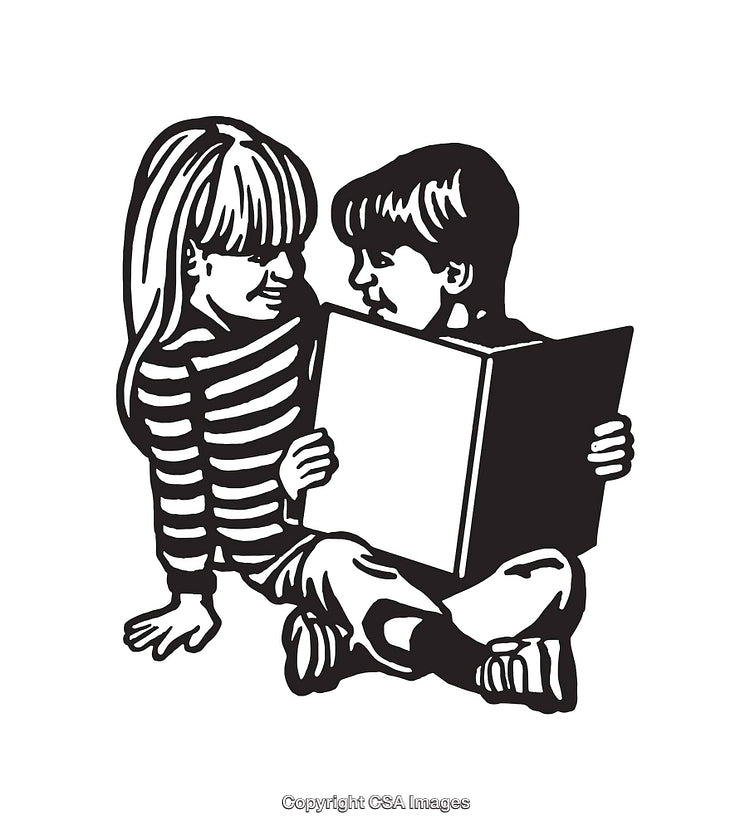 Black and White Illustration of Two Children Reading a Book Together