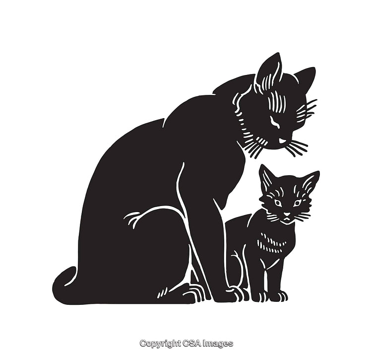 Black and White Line Art of Cat with Kitten Illustration