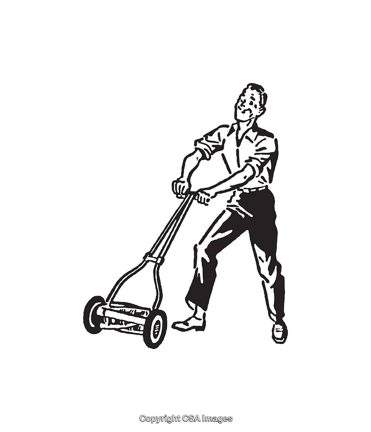 Vintage Black and White Line Art of a Man with Lawn Mower